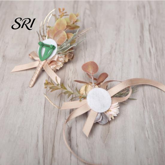 European Forest Style Corsage Rose Bud Wedding Flower Set, Wrist for Bride Bridesmaid Light & Boutonniere Groom Groomsman, Artificial Silk Floral