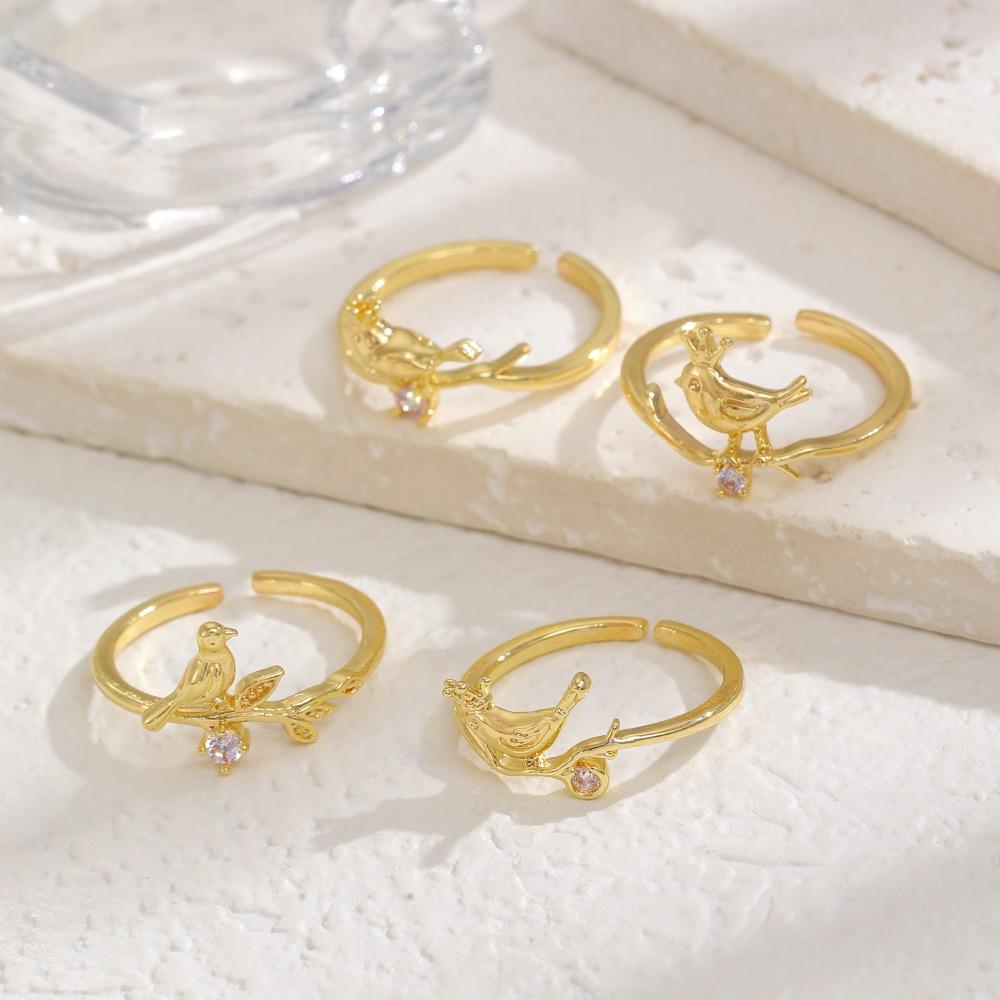 Exquisite Charm Gold Color Inlay Zircon Crown Little Bird Branch Opening Ring for Woman Stainless Steel Cute Animal Jewelry Gift