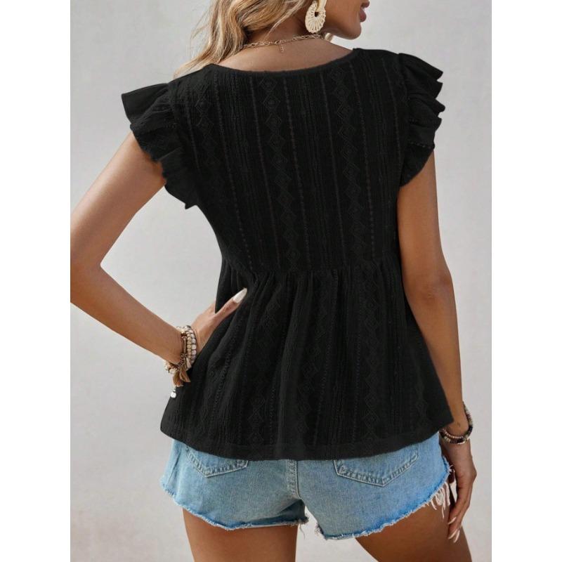 Camisa de Mujer Verano Calada Vacaciones Cuello en V Fruncida Manga Corta Encaje Blanca Blusa Moda Mujer Elegantes Tops Ajuste Ceñido Casual Suelta Camisas Femeninas
