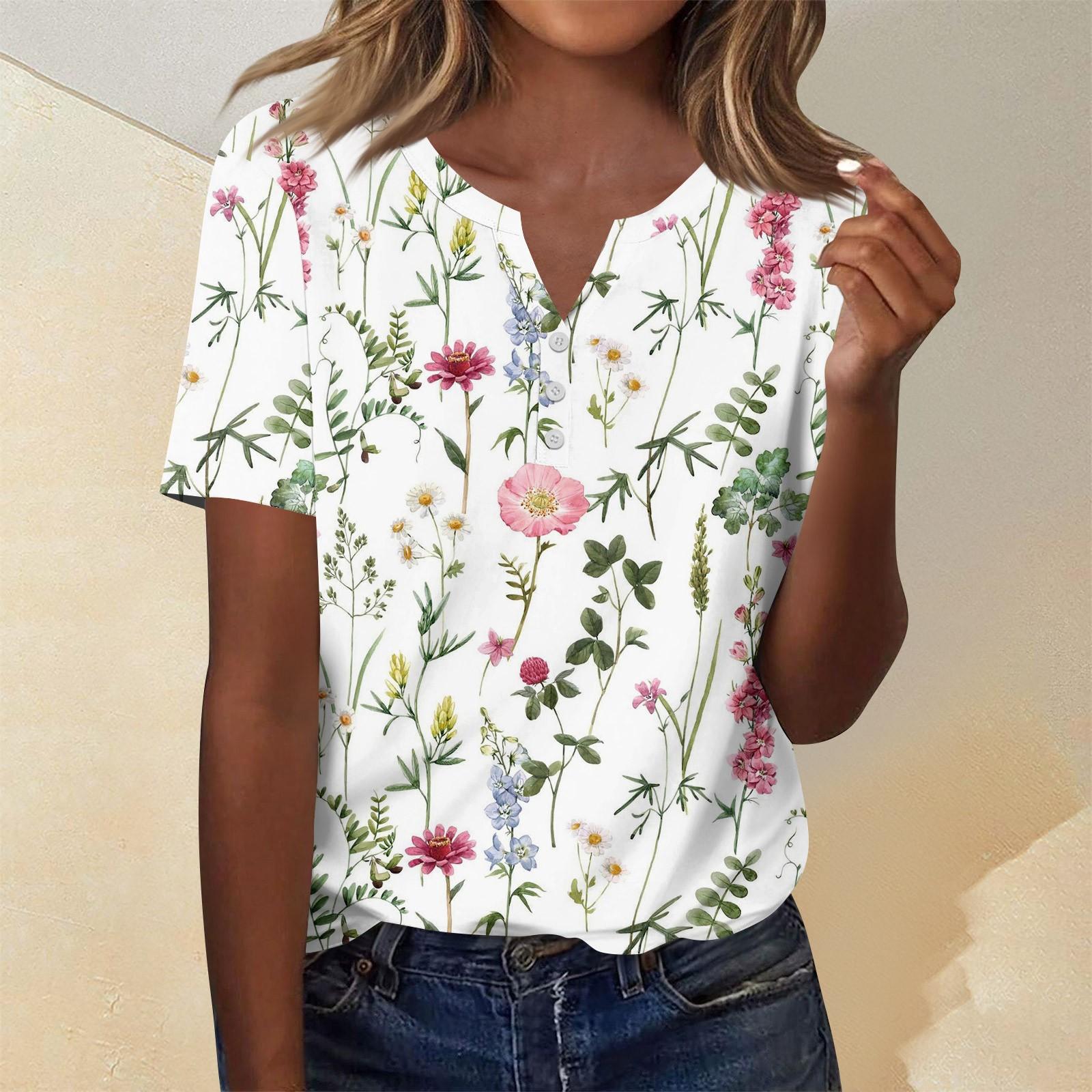 

Женская мода повседневный короткий рукав цветочный принт топ XL