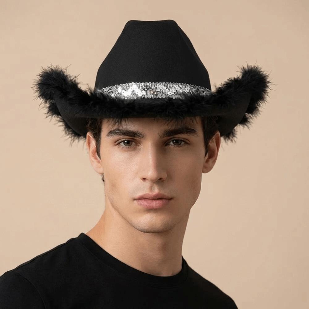 Solid Color Jazz Hat Furry Trim Sequin Cowgirl Hat Fashion Top Hat Girl
