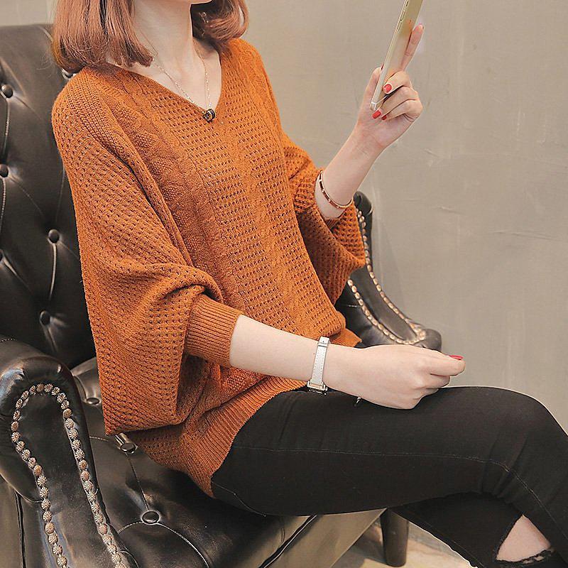 Autumn and Winter Women's Bat Shirt Loose Pullover Knit Top Hollow Lantern Sleeve Knit Sweater Women's Jacket