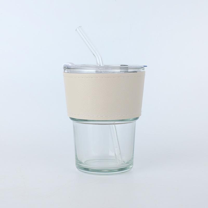 Vertical Pattern Bamboo Cup Glass Transparent Household Striped Water Cup Office Straw Cup with Lid Ins Style Coffee Cup