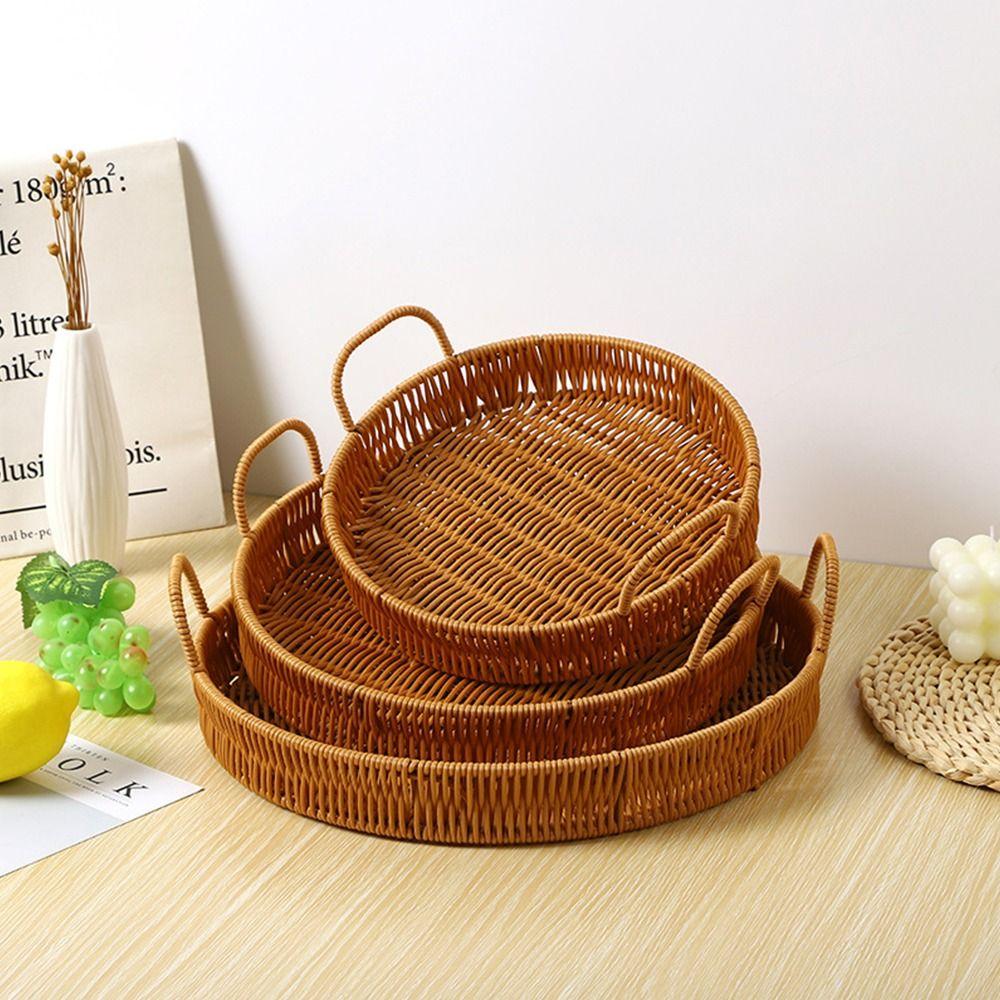 1Pcs Round Shape Storage Tray Breakfast Bread Food Plastic Rattan Threads Basket