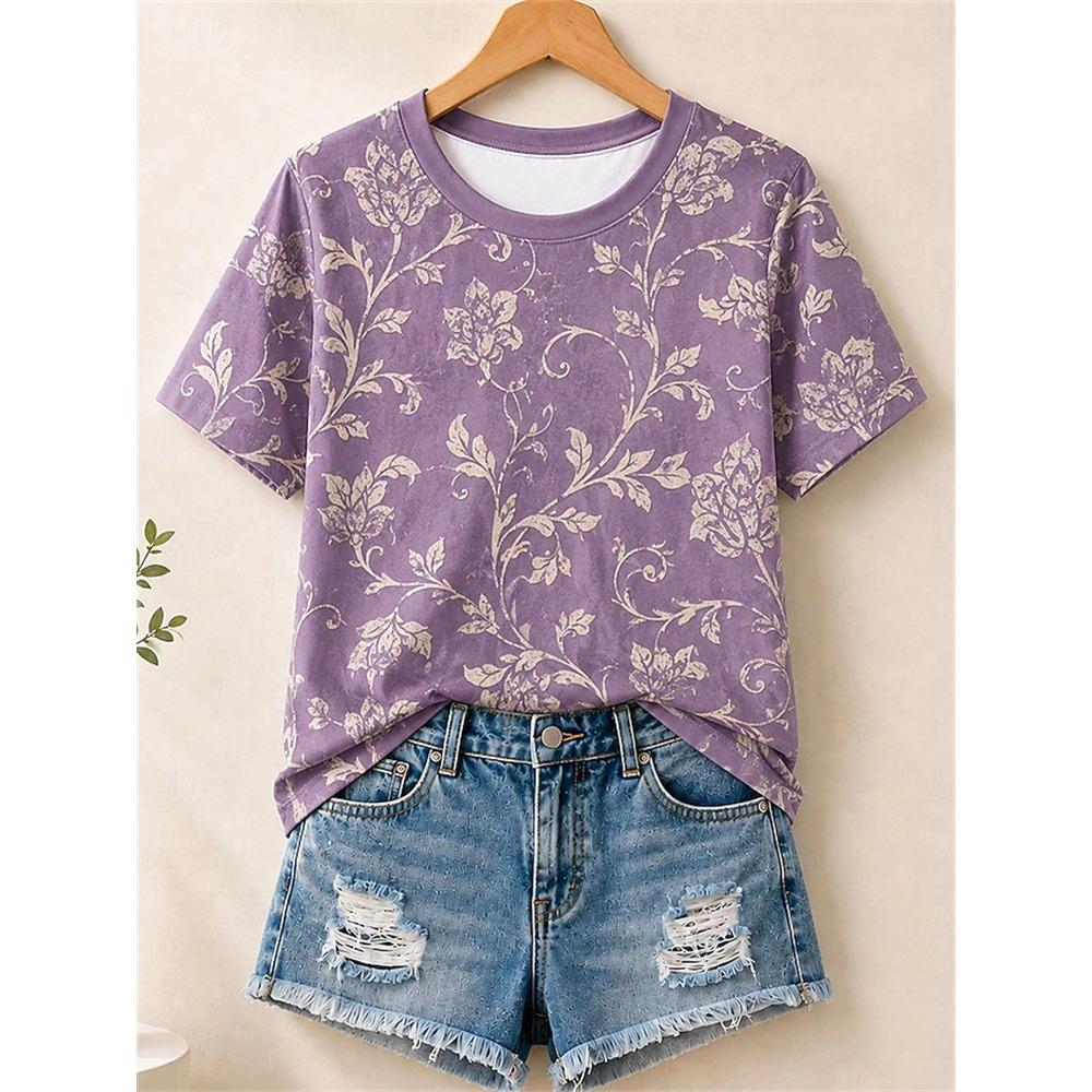 Women's Summer Fashion Short-Sleeve Round-Neck Solid-Color Floral Print