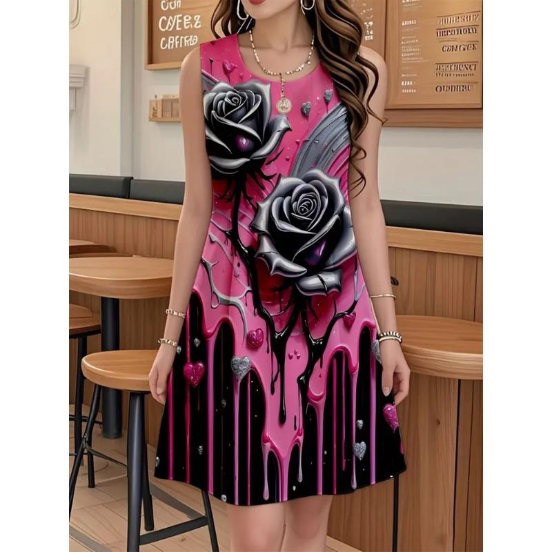 Fashion Women's Crew Neck Dress 3D Casual Color Printing Casual Dress Crew Neck Dress
