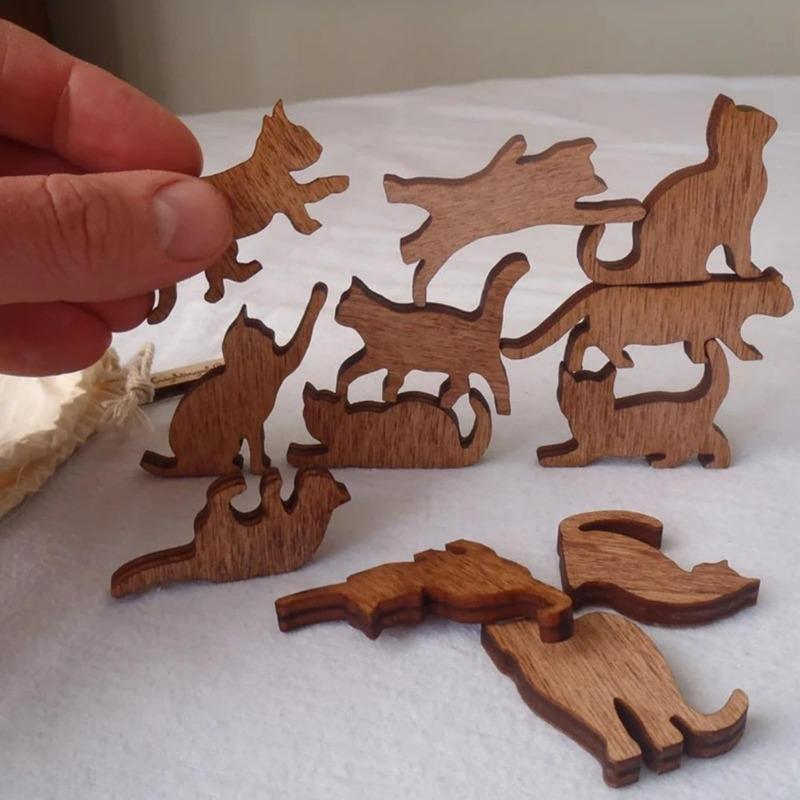12pcs Different Shapes Cat Wooden Crafts, Stackable Cat Ornament DIY Crafts Graffiti Pet Themed Birthday and Holiday Party