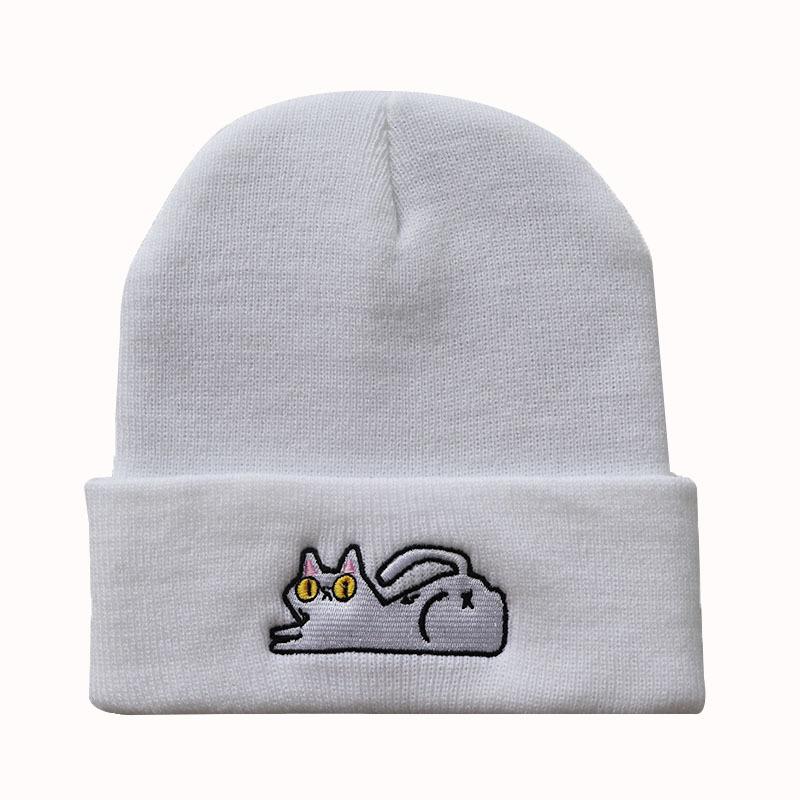 Cute lazy cat embroidered knitted hat for male and female students, warm pullover hip-hop beanie
