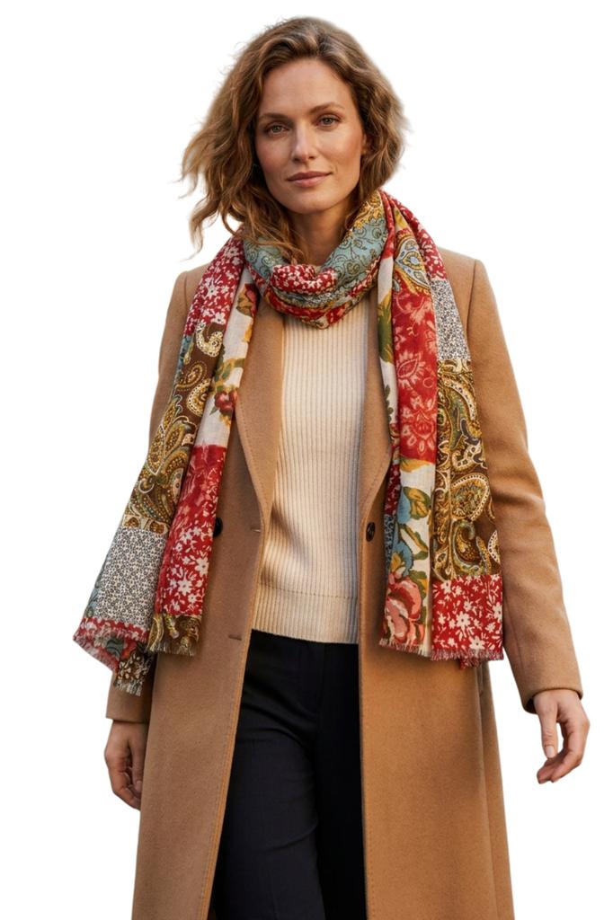 Boho Patchwork Scarf Red and Green - Patterned, 180X90