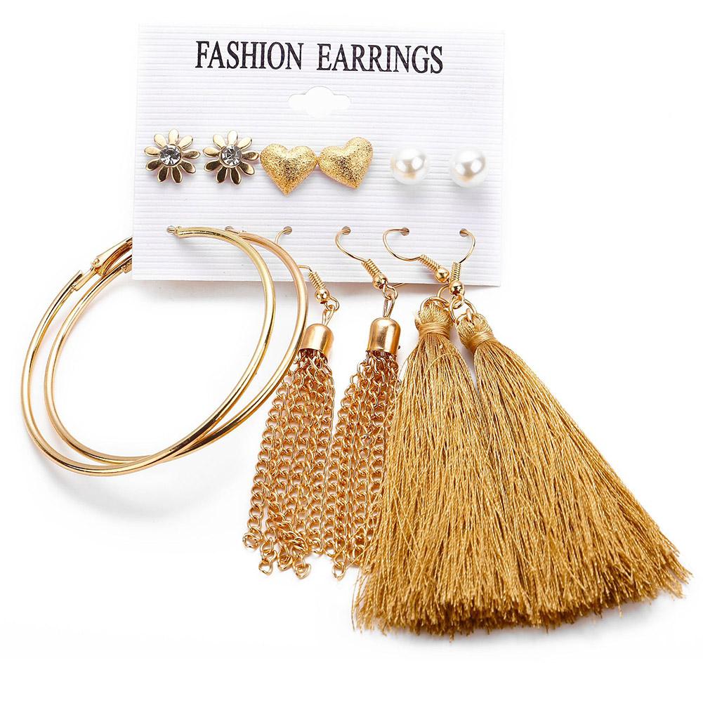 6 Pairs Women Fashion Love Shape Big Circle Tassel Ear Stud Set