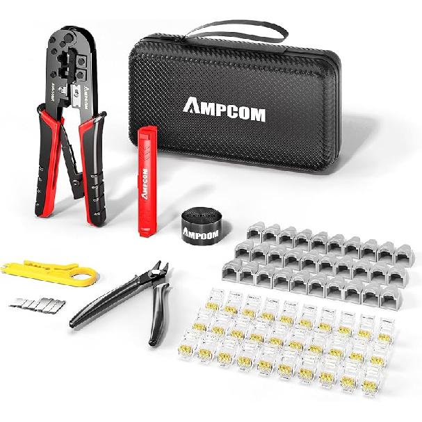 AMPCOM Ethernet Crimping Tool Kit 10-in-1 RJ45/RJ11 Network Tool Kit with RJ45 Tester for Cat6/Cat5e/Cat5 RJ45 Connectors, Includes 110 Punch Down 568R Lite