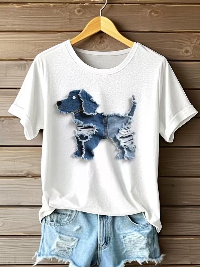 European & American 3D Printed Denim Pet Dog Round Neck Short Sleeve Women's Casual Loose Top, 2026 Style