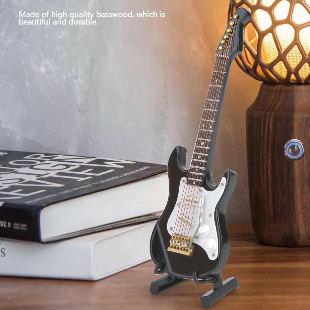 Delicate 14 cm Mini Wooden Electric Guitar Model Ornaments Collection with Stand(Black)