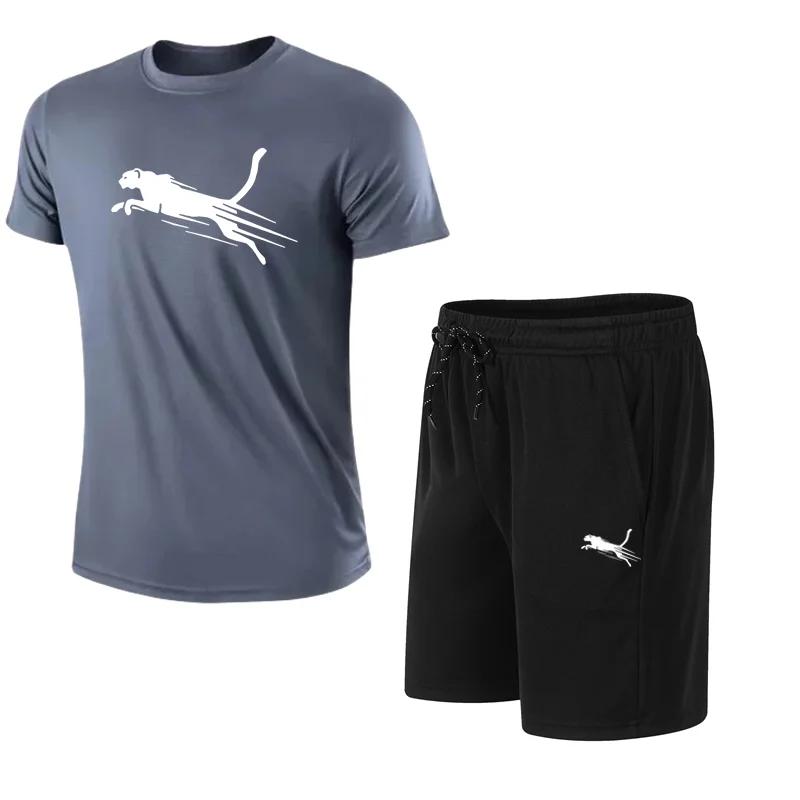 Męski Zestaw do Biegania Top z Nadrukiem Geparda Casualowy T-shirt+Szorty Dwuczęściowy Wolne Bieganie Oddychający Szybkoschnący
