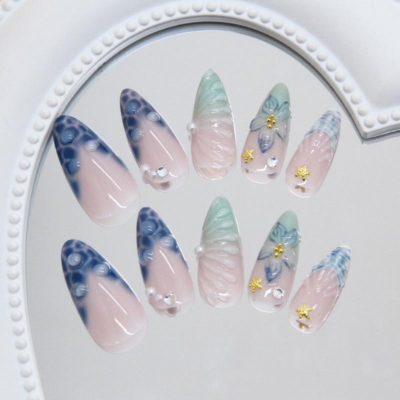 Three-dimensional Retro Blue Bubble Flash  Pearl Gradual Change Starfish Temperament Removable Manicure 24 Pieces