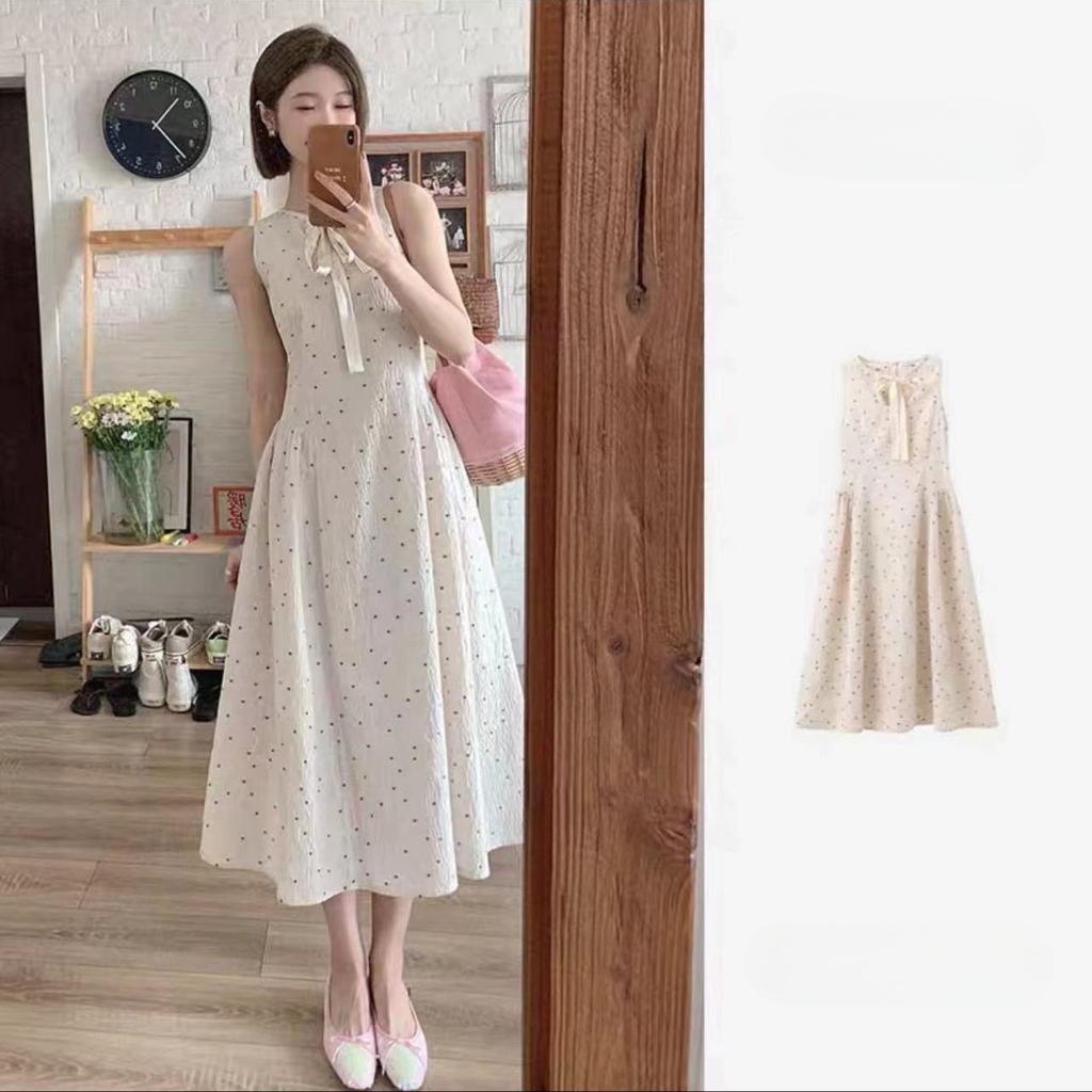 Beige polka dot jacquard sleeveless dress women's summer 2026 new French first love milk sweet A-shaped long skirt