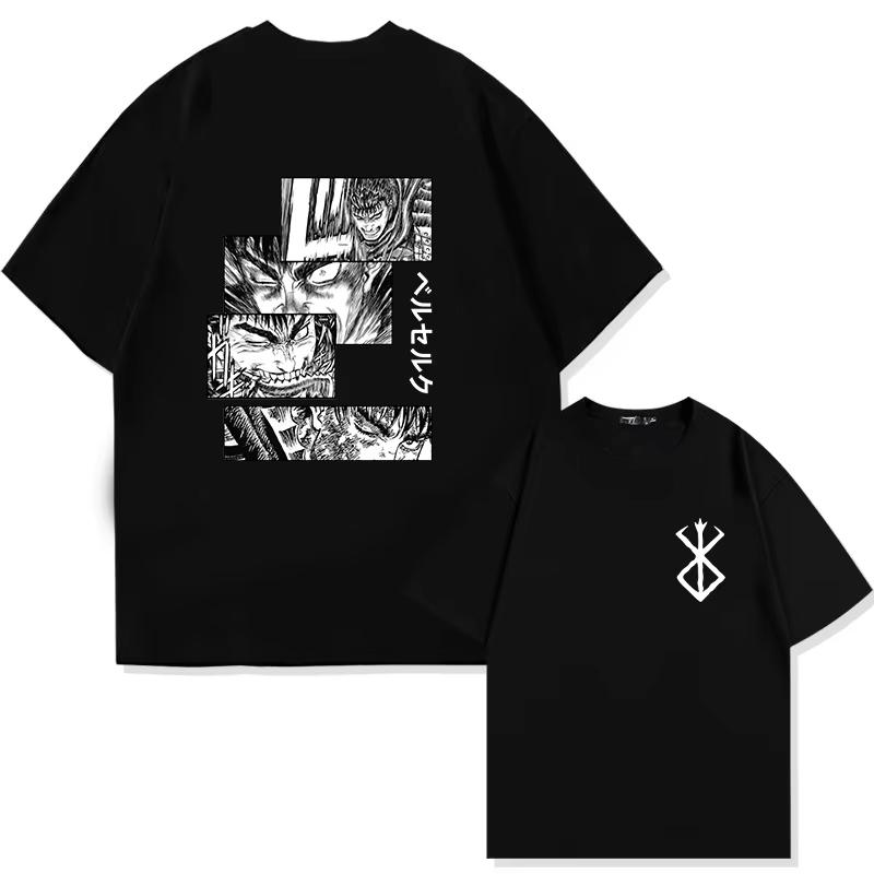 

Japan Anime Berserk T-Shirt Guts Print Graphic Tee Men s 90s Summer Short Sleeve Casual Manga Dark Fantasy Black Swordsman Style L
