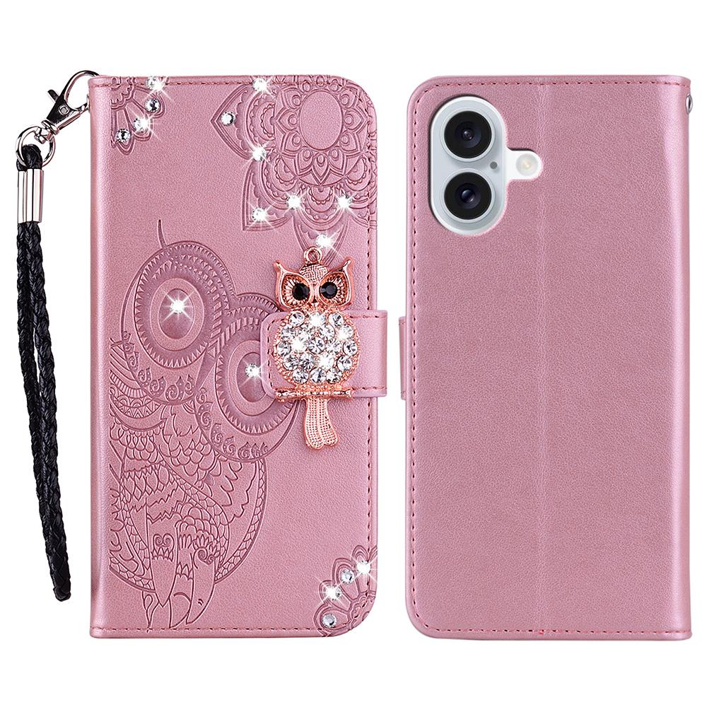 

For iPhone 17 Wallet Case Owl Flower Imprinted Rhinestone Leather Cover B