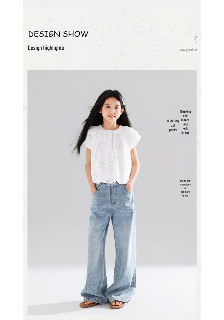 Summer Rhinestone Girls' Wide-Leg Jeans: Loose, Versatile, Straight-Leg Long Pants