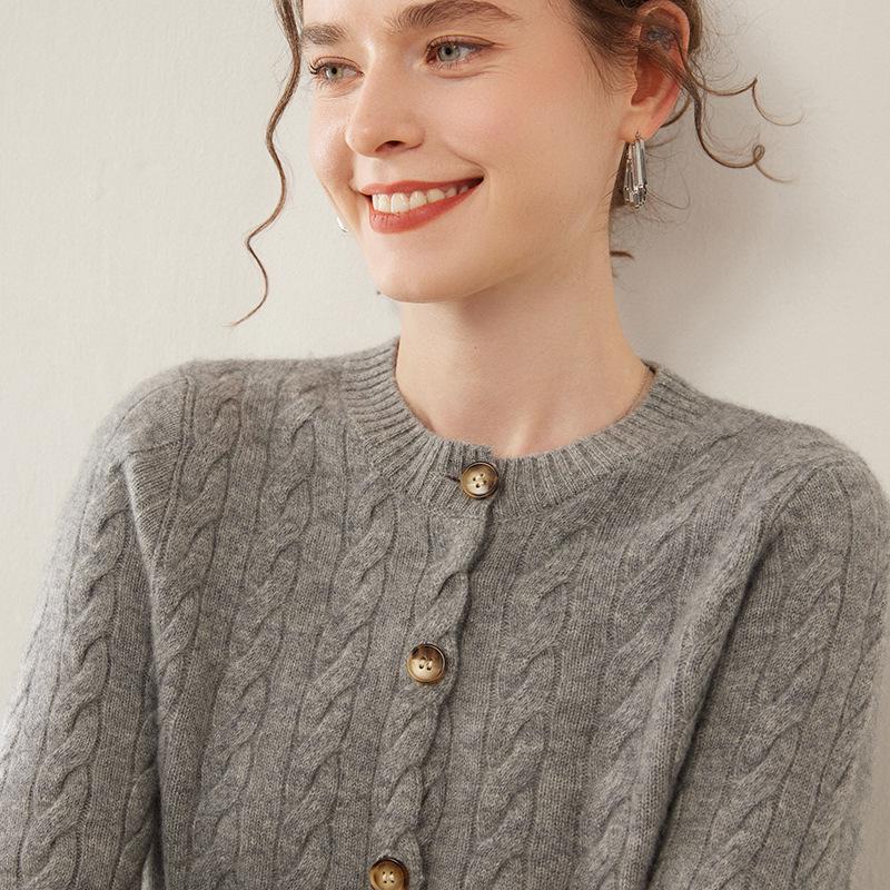 

Женский кашемировый вязаный кардиган: Осенне-зимний стиль, круглый вырез, однобортный, универсальный модный трикотаж M (100-115 jin)