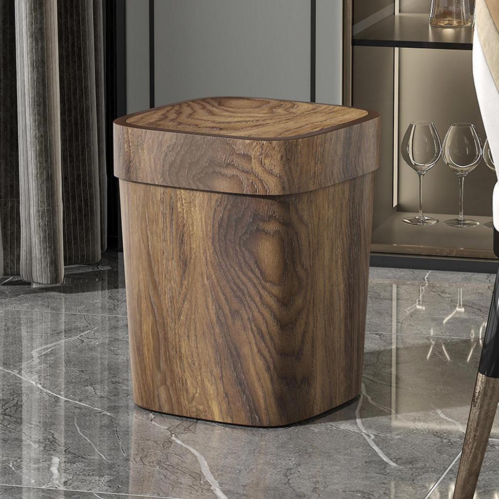 12L Odor-Proof Trash Can Mini Rectangular Reusable Faux Wood Grain Trash Can Bedroom Trash Can with Swing Lid