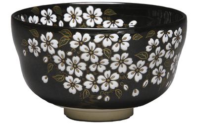Miyachi Eikou Matcha Diameter 12cm X Height Black Ninsei Cherry Gift Boxed Bowl, Black, Size 7cm, Design, Blossom,