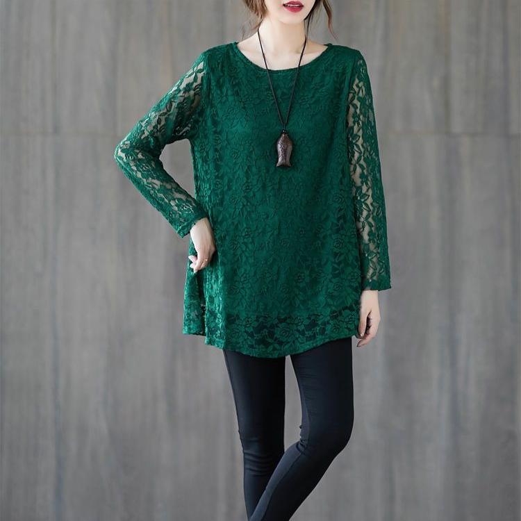 Spring Autumn Women's Round Neck Lace Blouse Mid-Length Loose Hollow-Out Plus Size Blouse