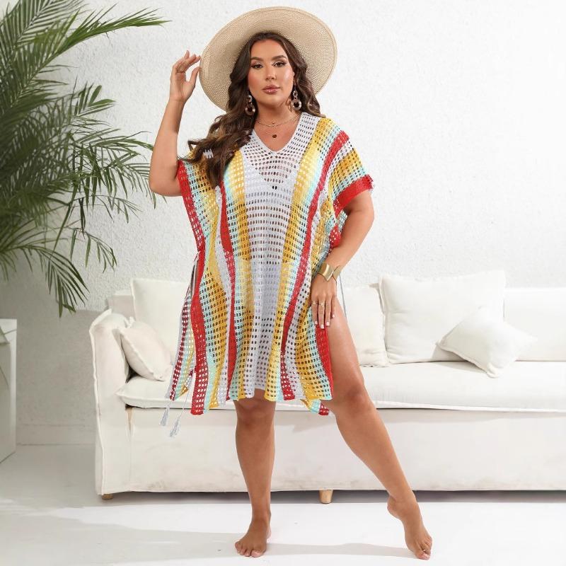 Plus Size Women's Color Contrast Patchwork Woven Hollow Beach Bikini Smock Dress Lace Up