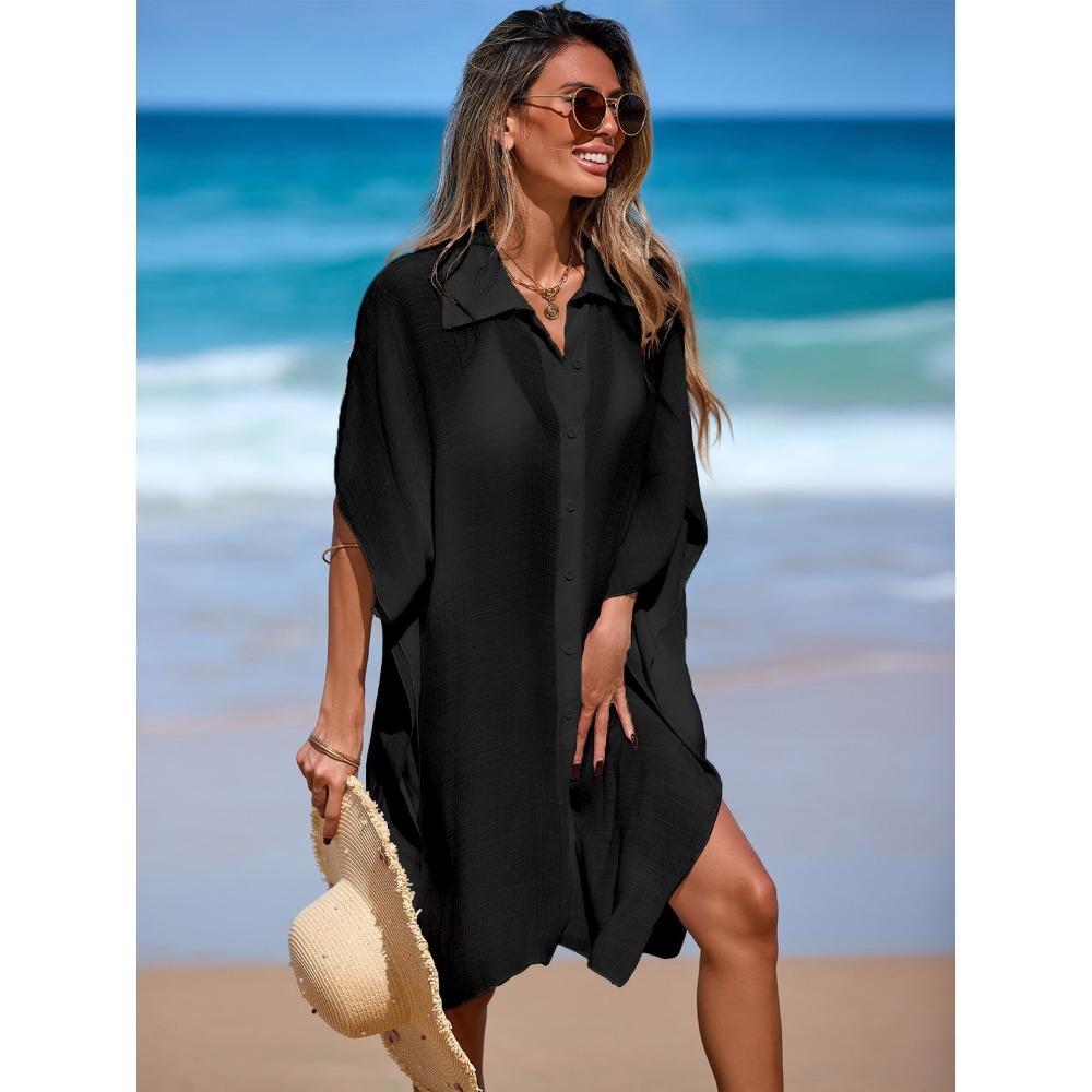 Strand-Überwurf mit Polokragen, Strandrock Chiffon-Oberteil, Lockeres kurzärmeliges Bikini-Oberteil