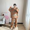 Women's Plus Size V-Neck Yarn-Dyed Cotton Pajama Set with Long Sleeves and Pants