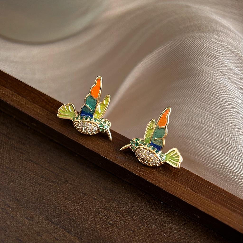 Bunte Emaillierte Zirkon Kolibri Ohrringe - Luxuriöser Nischenschmuck im vielseitigen Ins-Stil