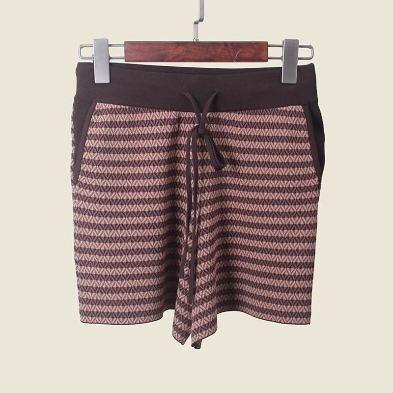 

Fall Foreign Trade Original Order Knitting Fashion Two-Piece Set Polo Collar Long Sleeves Color Contrast Bottoming Shirt + Color Matching Shorts Brown (shorts) M