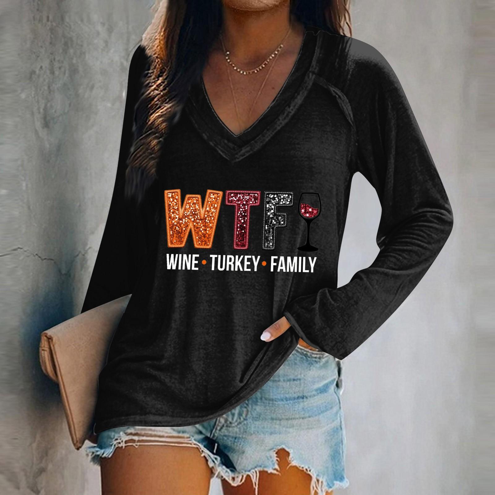 

Женская футболка с длинным рукавом, повседневный комфортный топ с v-образным вырезом и принтом XL чёрный