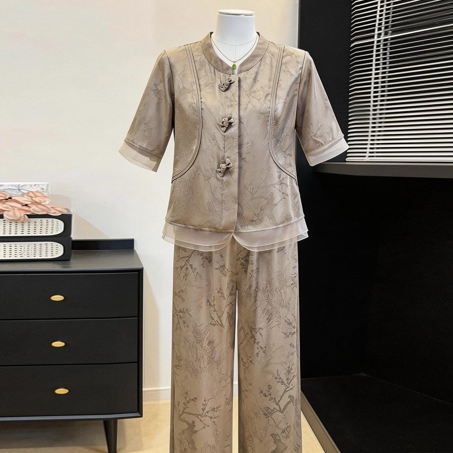 

2026 Spring Chic Slimming Set: National Style Shirt & Wide-Leg Pants for Middle-Aged & Elderly 5XL (Recommended for 150-165 jin)