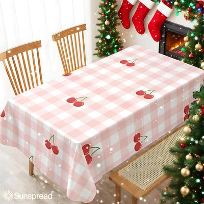 Pink Gingham Red Cherries Waterproof Table Cloth, Splash-proof Tablecloth, for Party, Halloween, Christmas, Dining, Camping