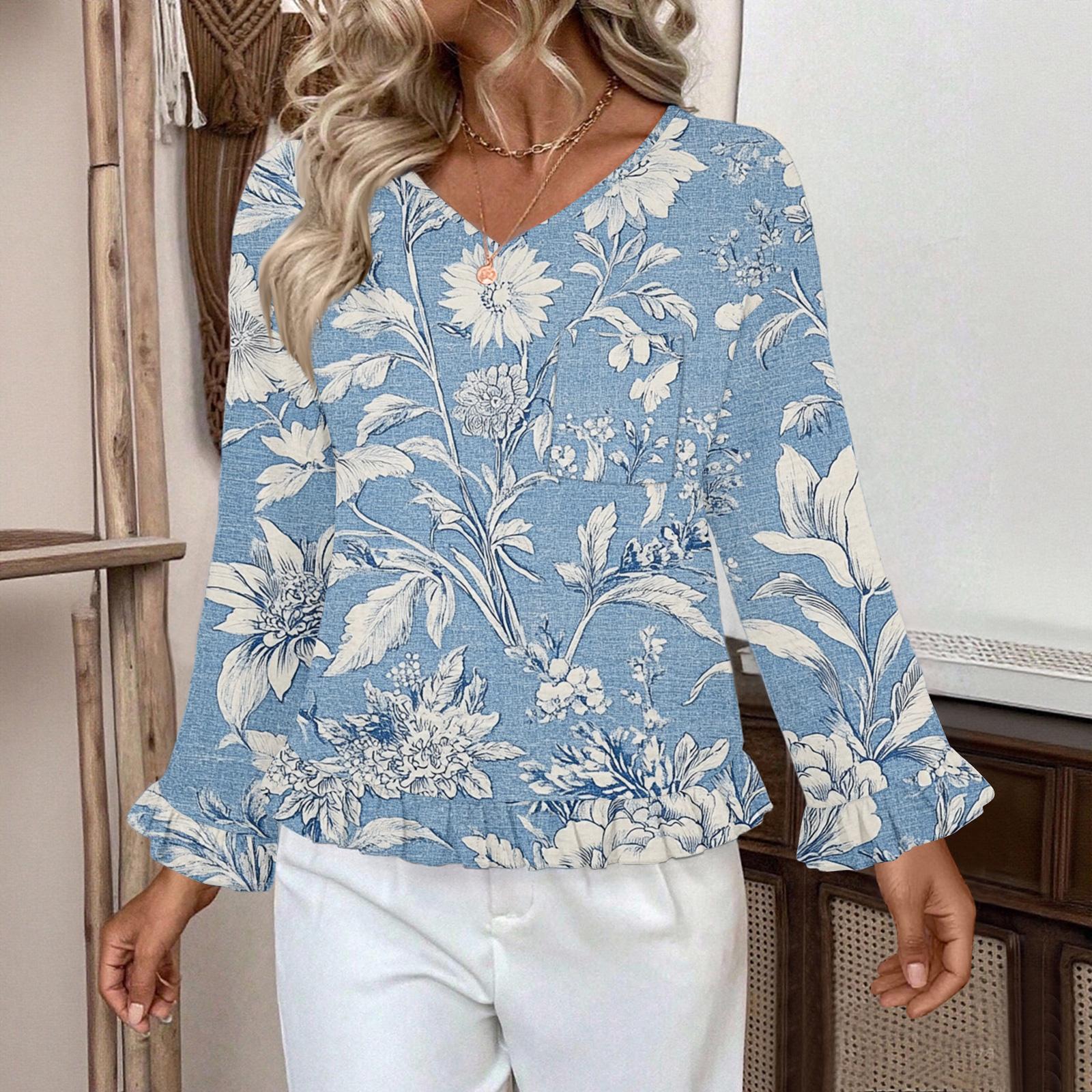 

Женский повседневный модный топ с оборками, V-образным вырезом, карманом и цветочным принтом, с длинным рукавом XL
