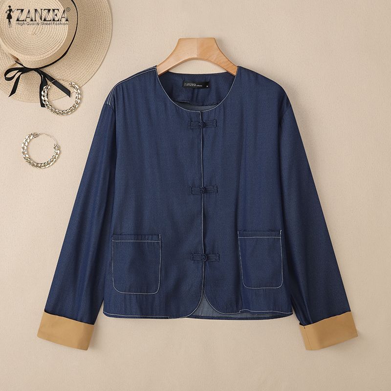 ZANZEA Women Round Neck Loose Long Sleeve Casual Blouse