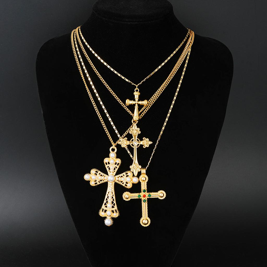 4 Stück Modisches Punk-Kreuz-Anhänger-Halsketten-Set Für Damen Vintage Künstliche Kristalle Übertriebene Mehrschichtige Halsketten Neuer Schmuck