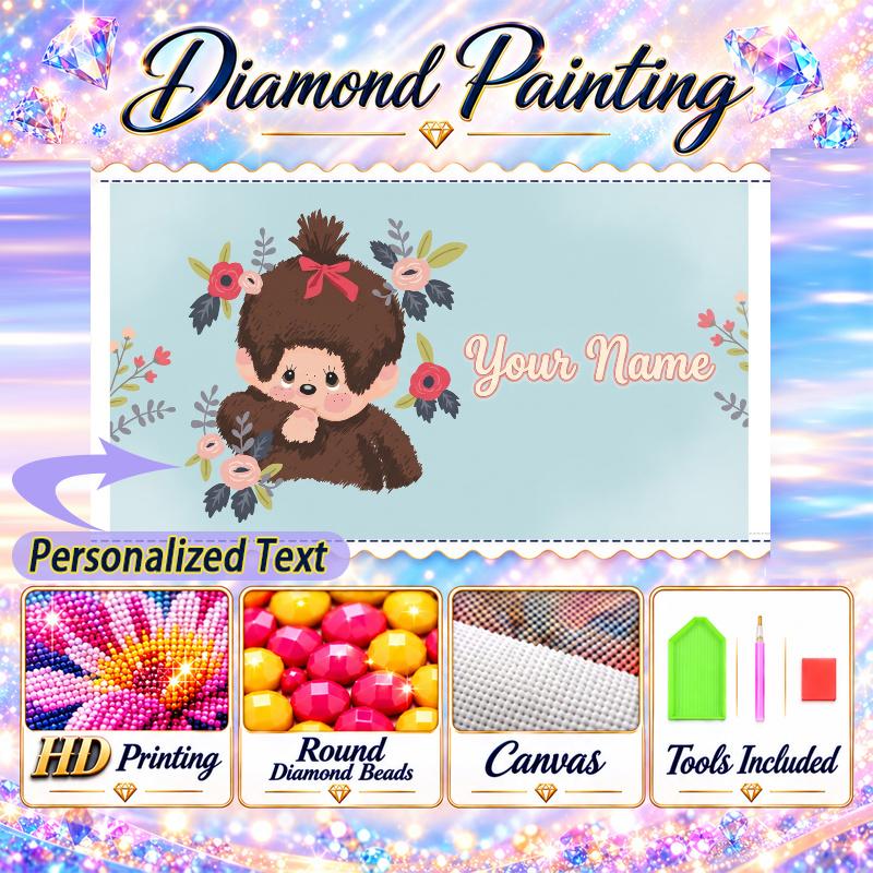 Monchhichi 5D DIY Diamond Painting Custom Name Text, Full Drill Rhinestone Mosaic Art Home Gift