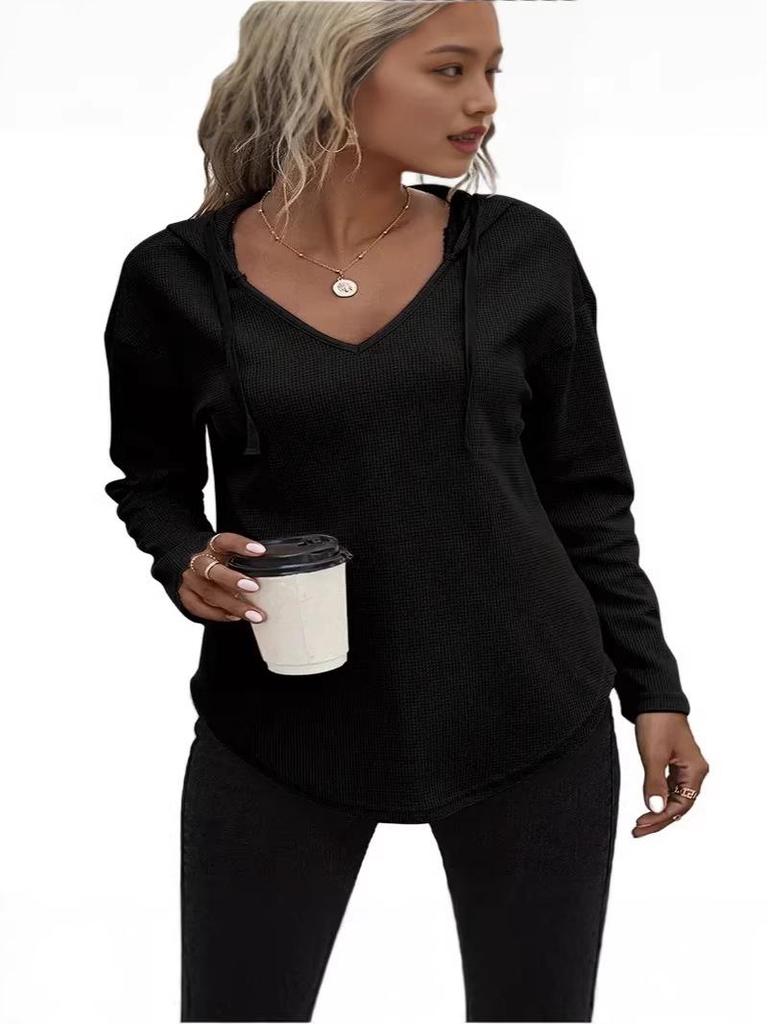 V-neck Loose Hooded Waffle Knit Plus Size Sweatshirt