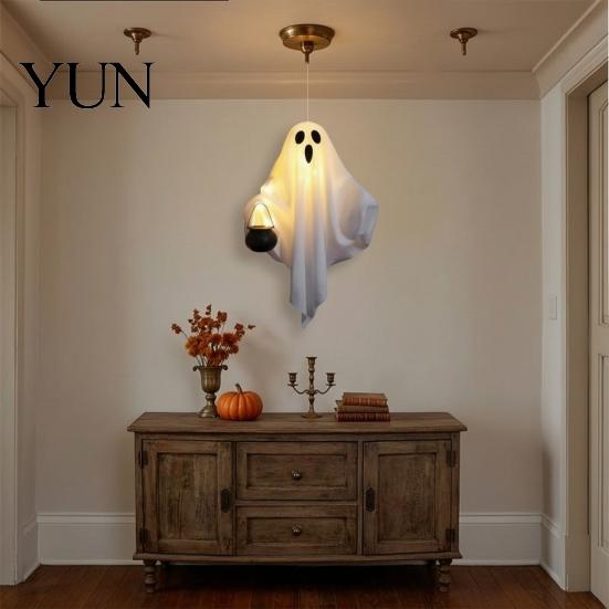 Night Festival Scene Decorations Halloween Hanging Ghost with LED Lights, Spooky White Gauze Glowing Ornament, Unique Gift Ideas Flexible Figures for