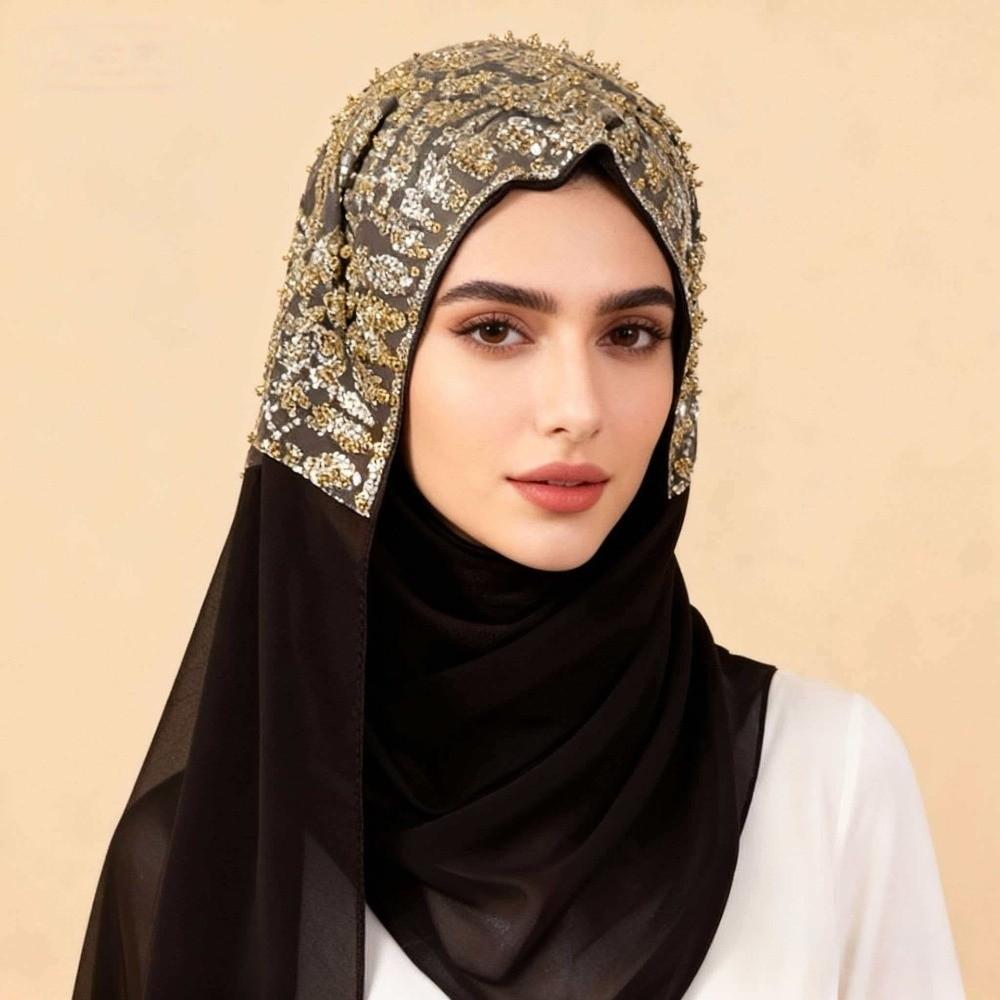 Long Islamic Turban Silk Women Headscarf Fashion Sequin Wraps Shawl Female