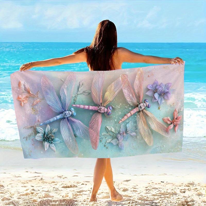 Serviette de plage Ailes de libellule florales aquarelle, Microfibre douce unisexe surdimensionnée pour la natation, le voyage, le camping