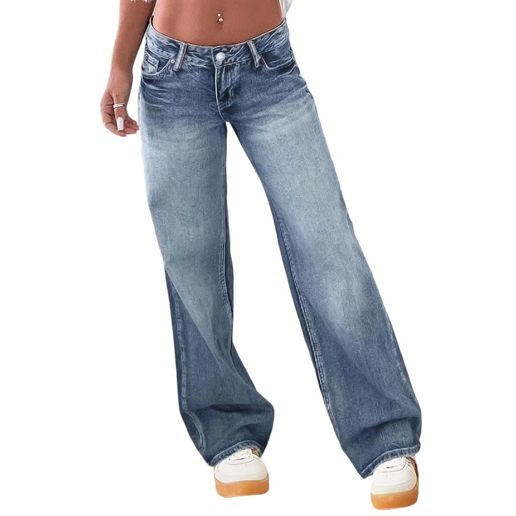Women's Mid- Stretch Jeans Fashion Straight Leg Denim Pants With Pockets
