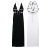 Kaslead New Women clothes Western Style Backless Strap Slightly Transparent Design Deep V-neck Contrast Color Dress