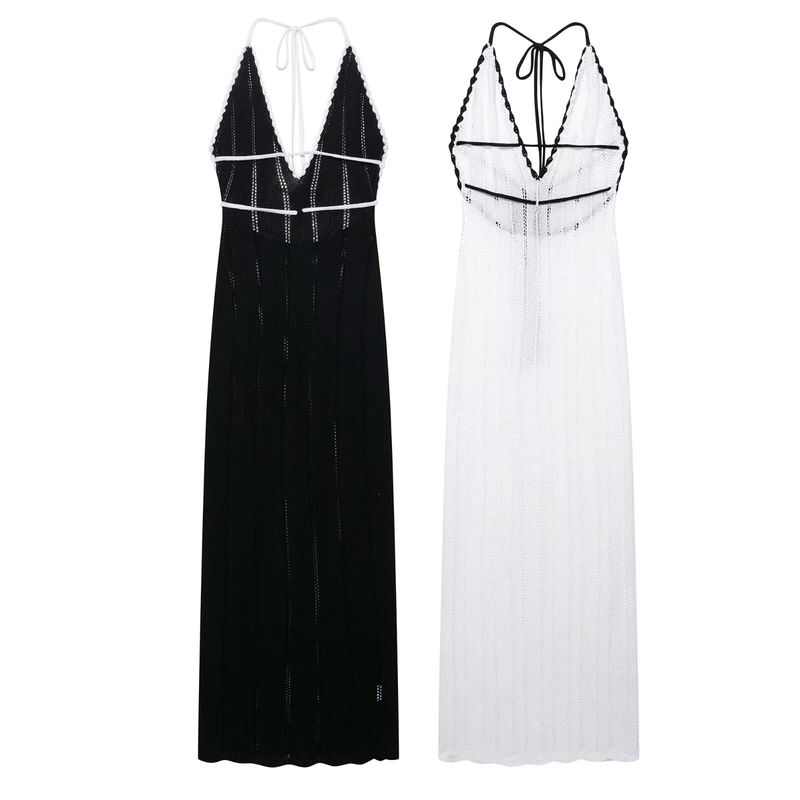 Kaslead New Women Clothes Western Style Backless Strap Slightly Transparent Design Deep V-neck Contrast Color Dress