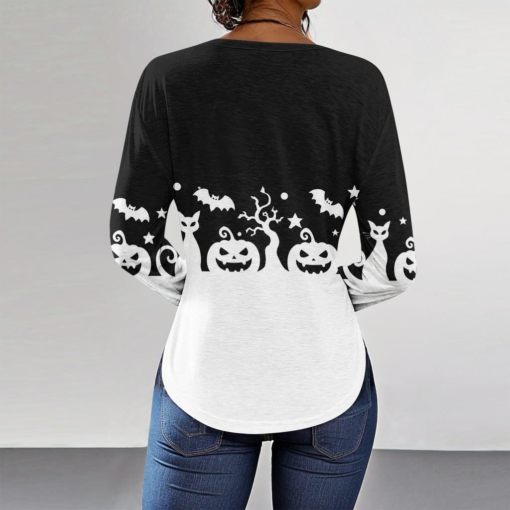 Women's Loose Fit Long Sleeve T-Shirt with Retro Halloween Print, Neck Pullover Top