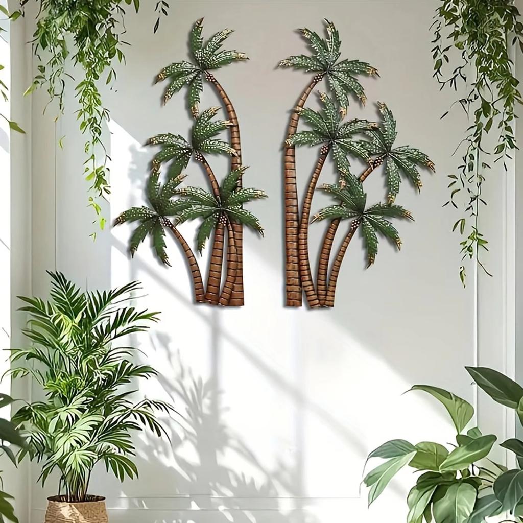 Metal Wall Art Palm Tree Silhouette Set Rustic Iron Craft Creative Decorative Hanging Sculptures for Indoor Outdoor Home and Office Display
