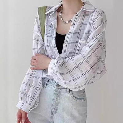 Korean Style Loose Plaid Long Sleeve Shirt - Women's Fashionable Sun Protection Top