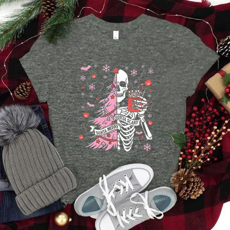 Street Christmas Fashion Short Sleeve Tshirts for Women Festive Skeleton with Coffee Tree Print Tshirt Festive Holiday Tee Top